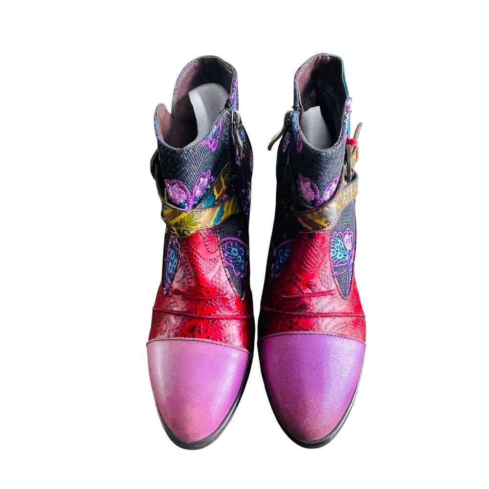 Socofy Patchwork Butterfly Embroidered Ankle‎ Boots Floral Block Heel 36 US 5.5
